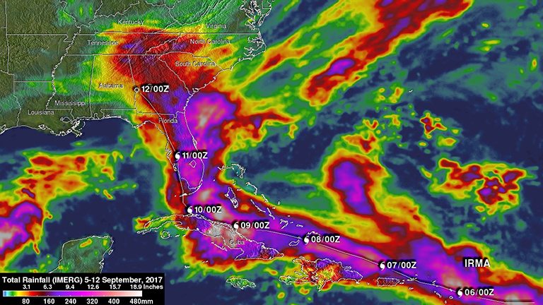 NASA's IMERG estimated total rainfall along Irma's path across the Atlantic Ocean