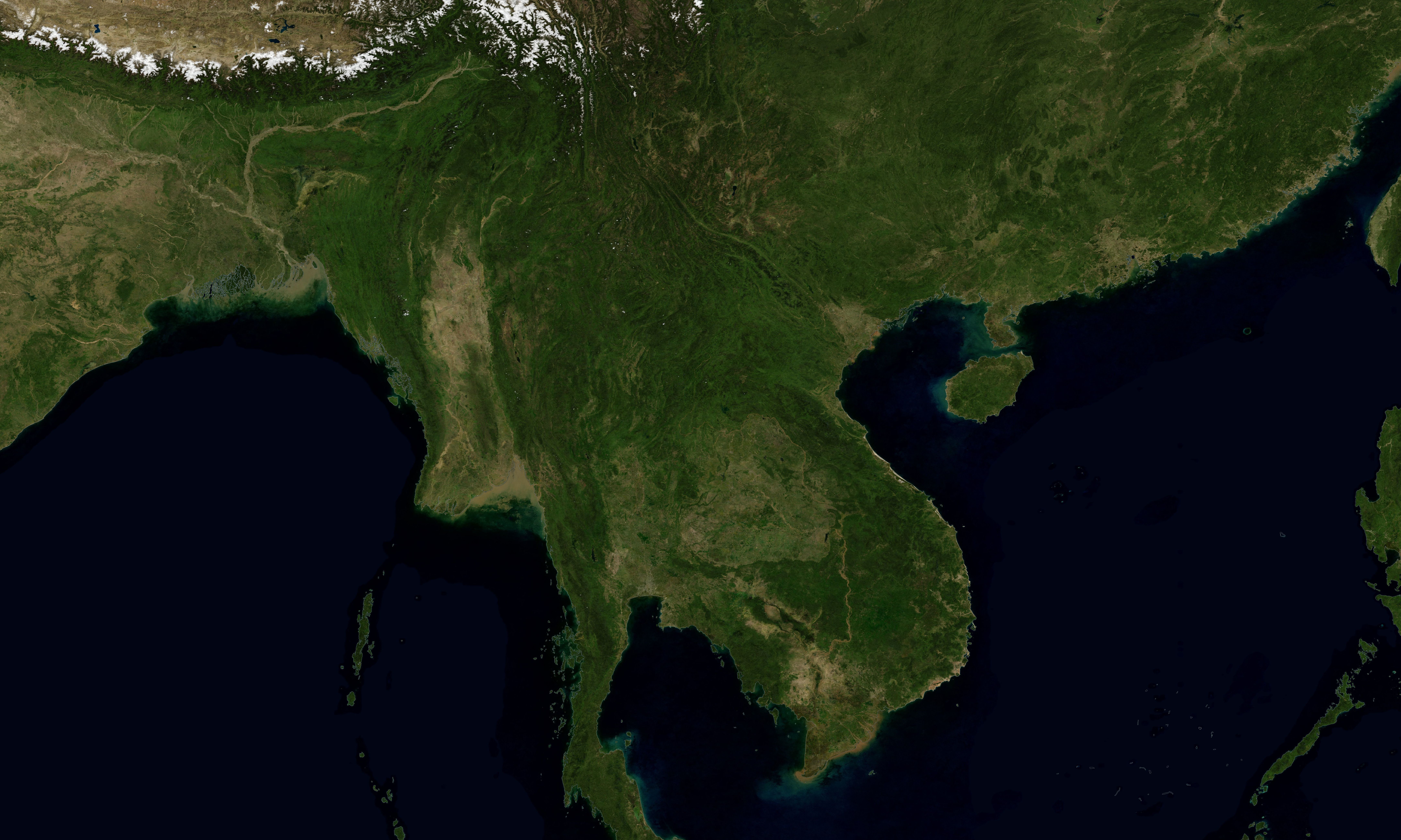 A satellite-based rendering of the Mekong River in Southeast Asia.