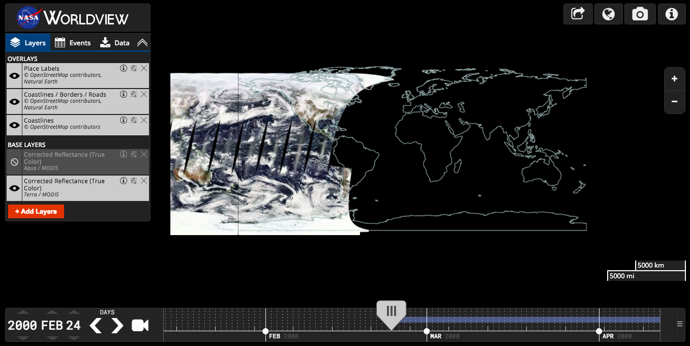 Worldview screenshot of first day Terra MODIS data were collected