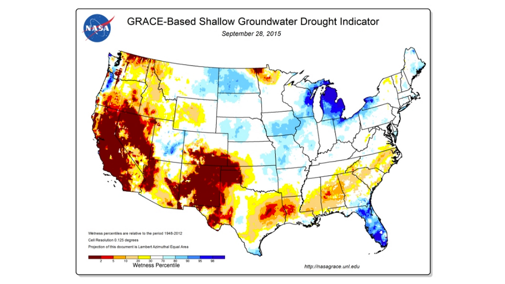 Drought map with red indicating drought in California and the American West.
