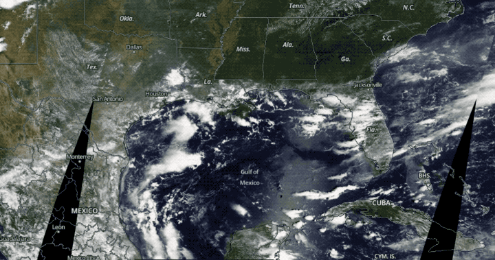 Hurricane Katrina is seen making landfall over New Orleans.