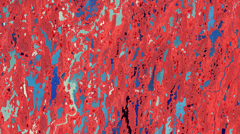 False color reds reveal vegetation and pools of blue.