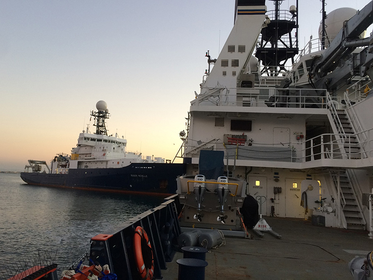 The R/V Revelle (left) and the R/V Sally Ride will leave Seattle for a month-long expedition in the northeast Pacific, where a multidisciplinary team of scientists will study the life and death cycles of phytoplankton and plankton for the benefit of future ocean satellite missions.