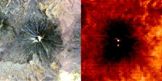Thermal imaging reveals hot spots next to a true-color image of a volcano.