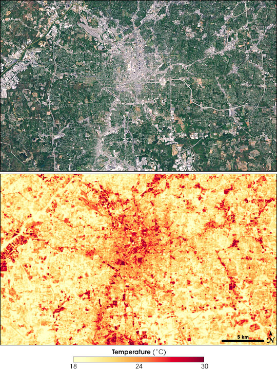 A true color image of the urban area of Atlanta is seen above a thermal image showing temperatures much higher in urban areas.