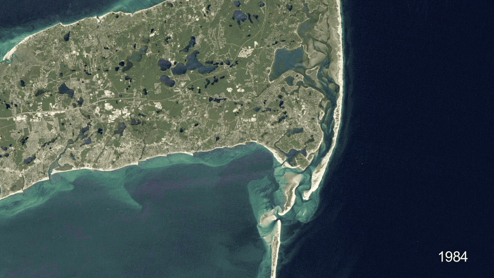 Erosion on Cape Cod is seen in satellite images.