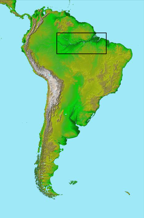 South America is shown with a box around the Amazon River.