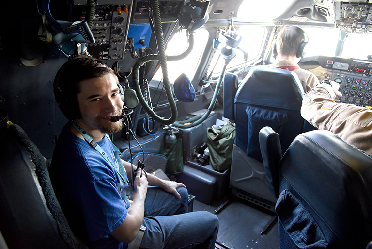 Student Airborne Research Program (SARP) participant Dallas McKinney, a meteorology major at Western Kentucky University, aboard the DC-8 experiencing the cockpit during a June 26, 2018 science flight. Credit: NASA/Megan Schill