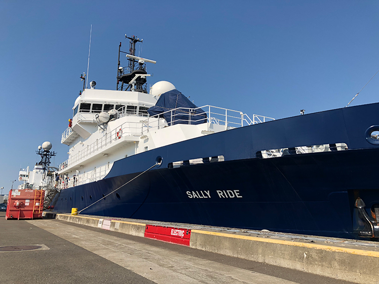 The R/V Sally Ride, operated by the Scripps Institution of Oceanography, anchored at Pier 91 in Seattle before departing for the northeastern Pacific Ocean on Thursday, Aug. 9.