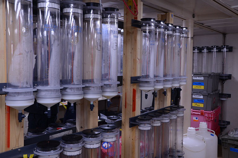 In the hydro lab aboard the R/V Roger Revelle, sampling tubes will collect water samples at varying ocean depths for analysis.
