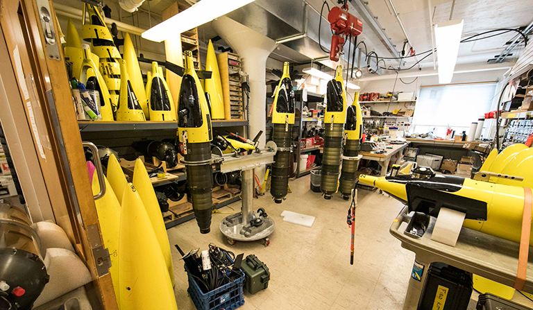 For EXPORTS, scientists are deploying robotic explorers, like these from the Applied Physics Lab at the University of Washington. They are traveling with the ships, taking measurements at various depths.
