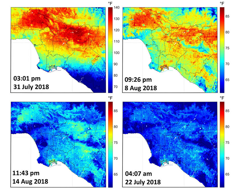 ECOSTRESS imagery shows surface temperature variations in Los Angeles, California between July 22 and August 14 at different times of day. Hot areas are shown in red, warm areas in orange and yellow, and cooler areas in blue.