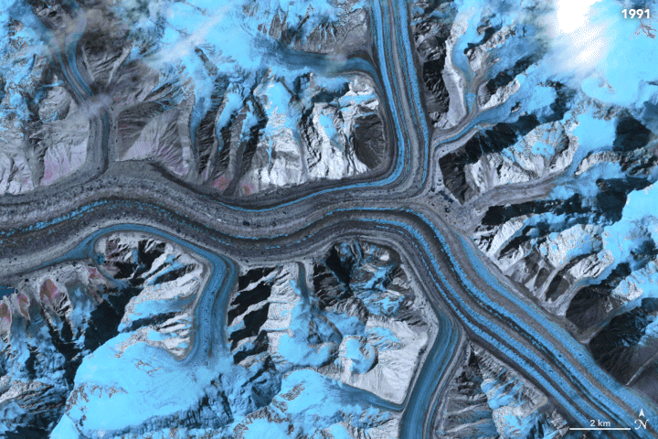 Animation of satellite images revealing the flow of the Baltoro Glacier in the Karakoram Range, Pakistan.