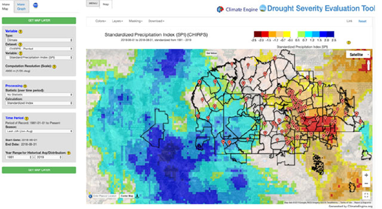The Drought Severity Evaluation Tool showing the Navajo Nation boundaries and the 85 rain-gauge locations.