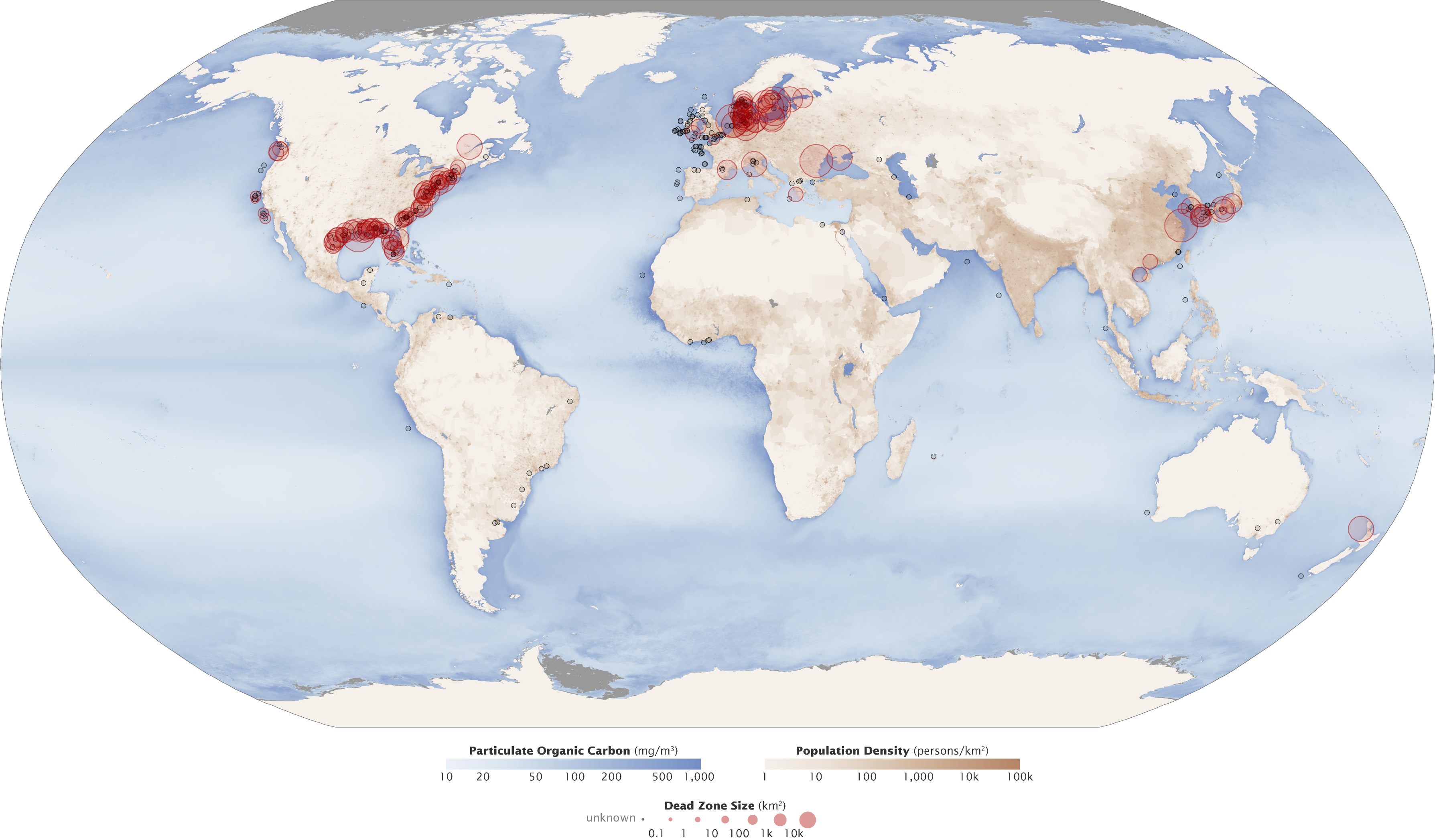 The size and number of marine dead zones