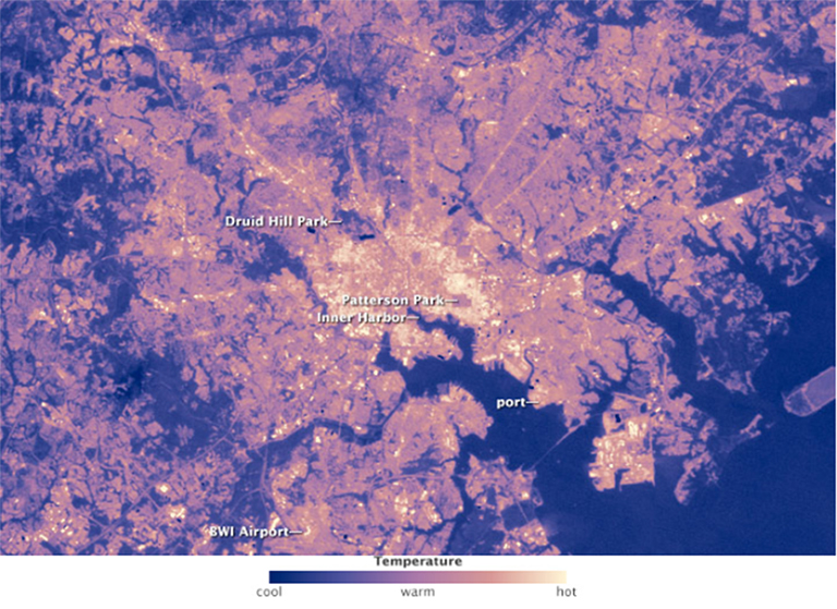 Map of land surface temperature for Baltimore, Maryland