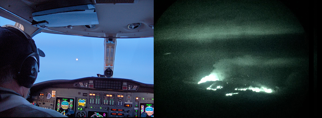 left: jet cockpit. right: night vision of a fire.