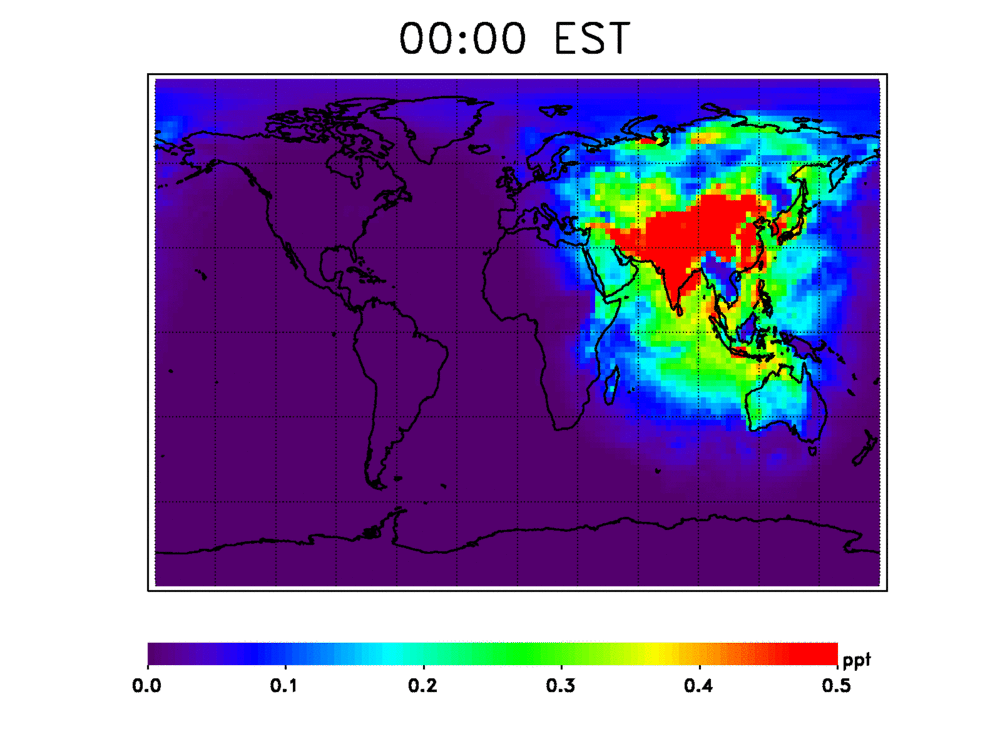 An animated map of model output of hydroxyl radical (OH) primary production over a 24-hour period in July 2000.