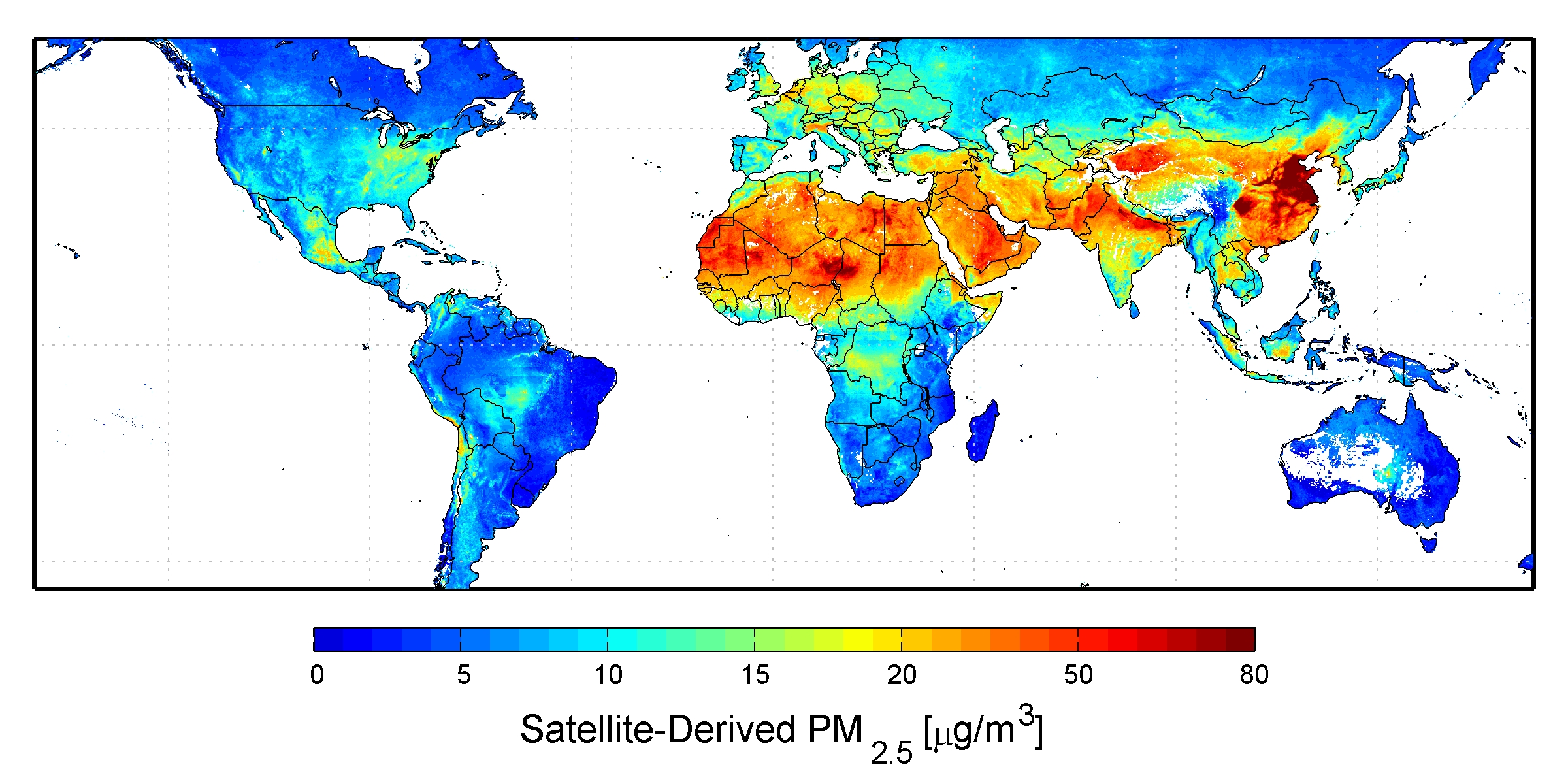 Global satellite-derived map of PM2.5 averaged over 2001-2006.