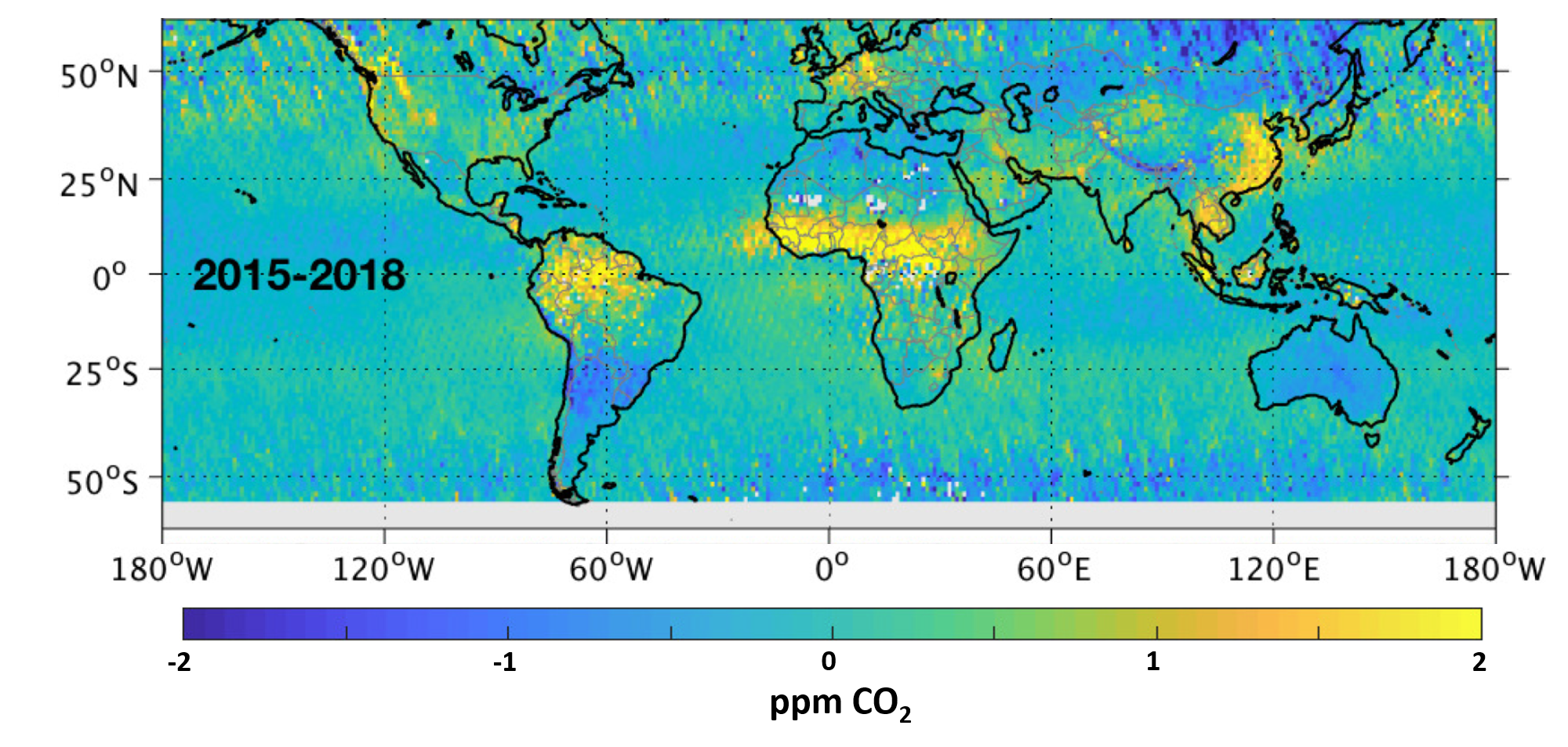 OCO-2 image of persistent CO2 anomalies around the globe