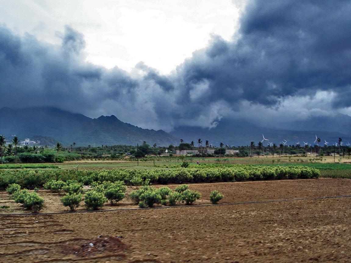 Advancing monsoon clouds and showers in Aralvaimozhy, near Nagercoil, India