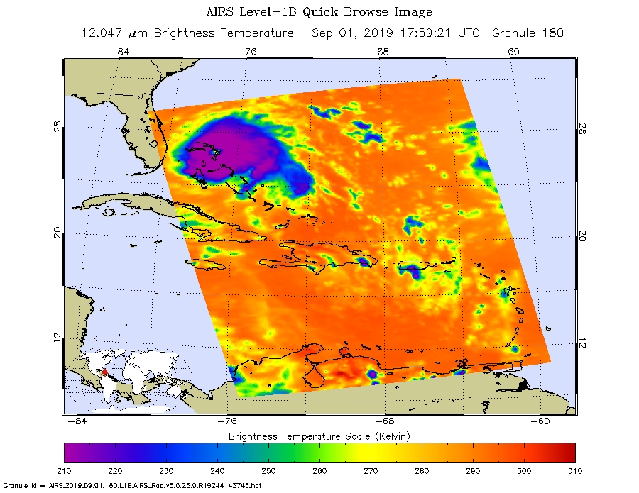 Инфракрасный ураган Дориан в искусственных цветах