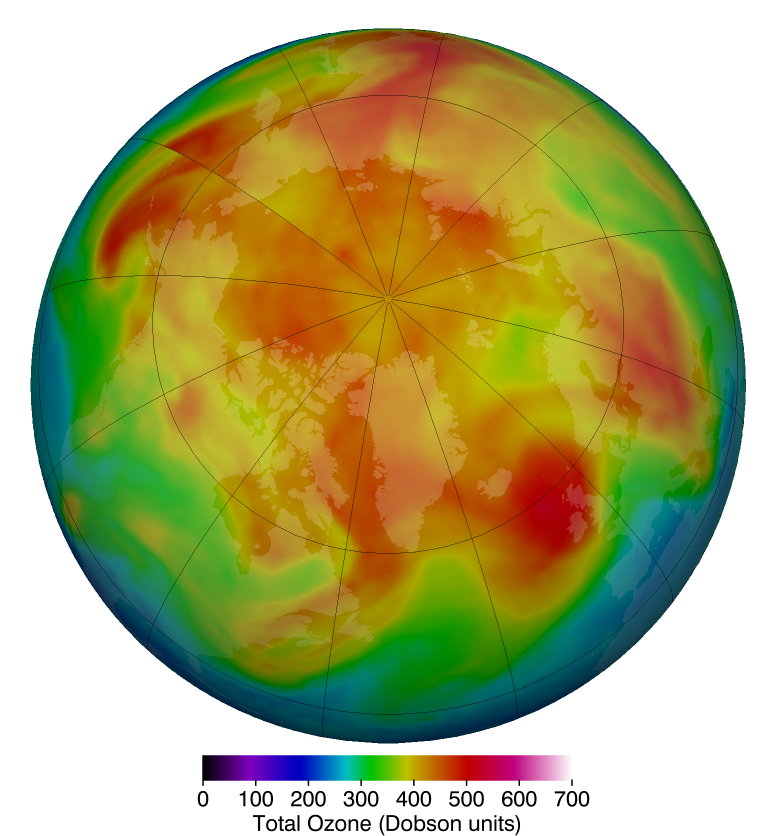 March 12, 2019, shows in reds and yellows the higher concentration of stratospheric ozone over the Arctic which are much more typical from year to year.