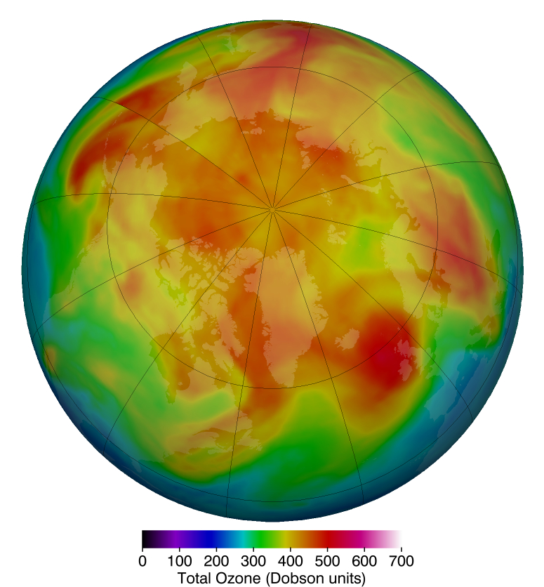 El 12 de marzo de 2019, muestra en rojos y amarillos la mayor concentración de ozono estratosférico sobre el Ártico, que son mucho más típicos de año en año.