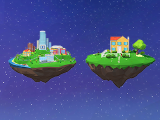 A house and a city sitting on their own pieces of land while floating in space.