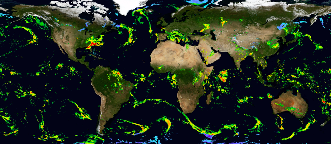 NASA's IMERG data showing world-wide precipitation on April 20, 2020.