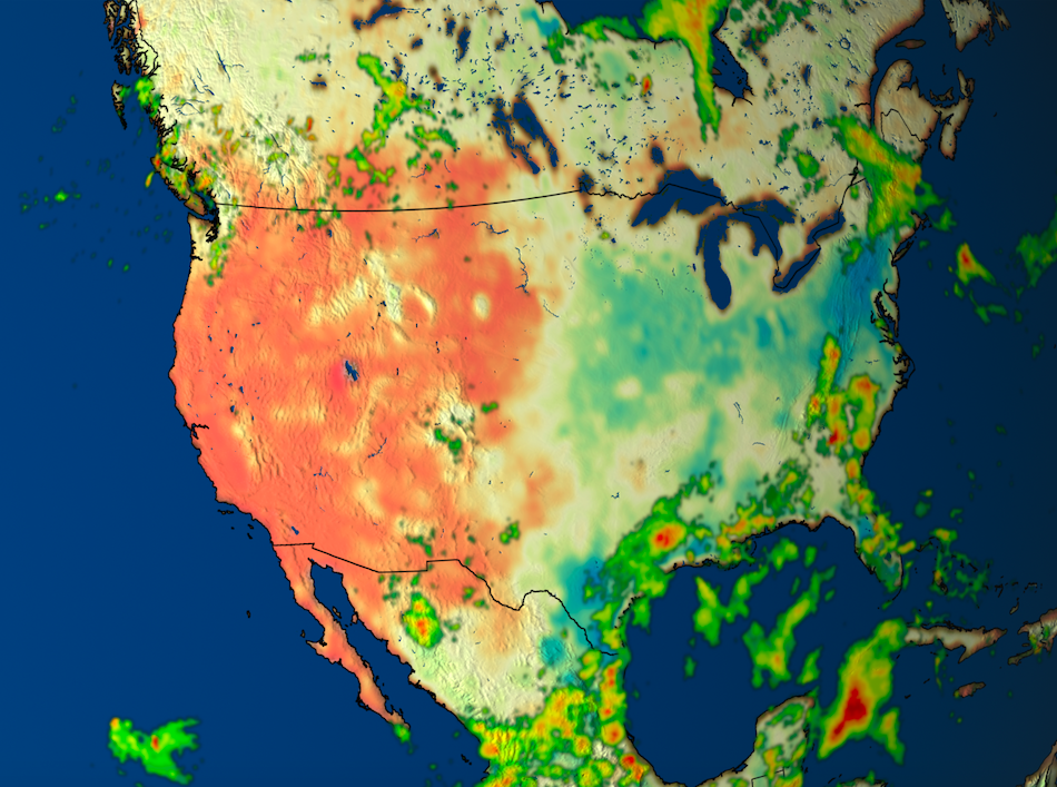 A data visualization of the western U.S. showing SMAP and IMERG data.