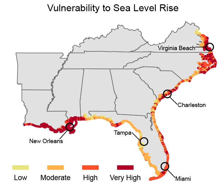 risco do nível do mar ao longo das costas do sudeste dos EUA