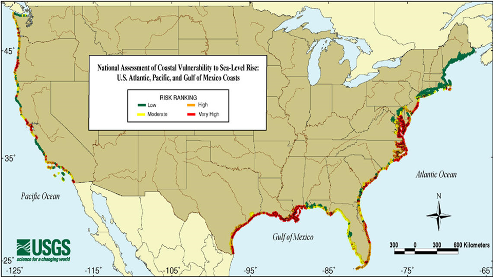 Avaliação nacional da vulnerabilidade costeira da elevação do nível do mar: costas do Atlântico, Pacífico e Golfo do México.