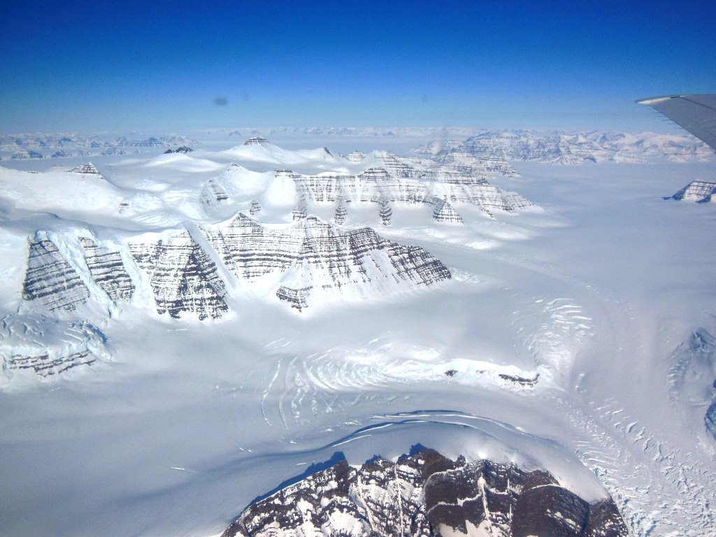 A glacier between mountains in Greenland's Geikie Peninsula