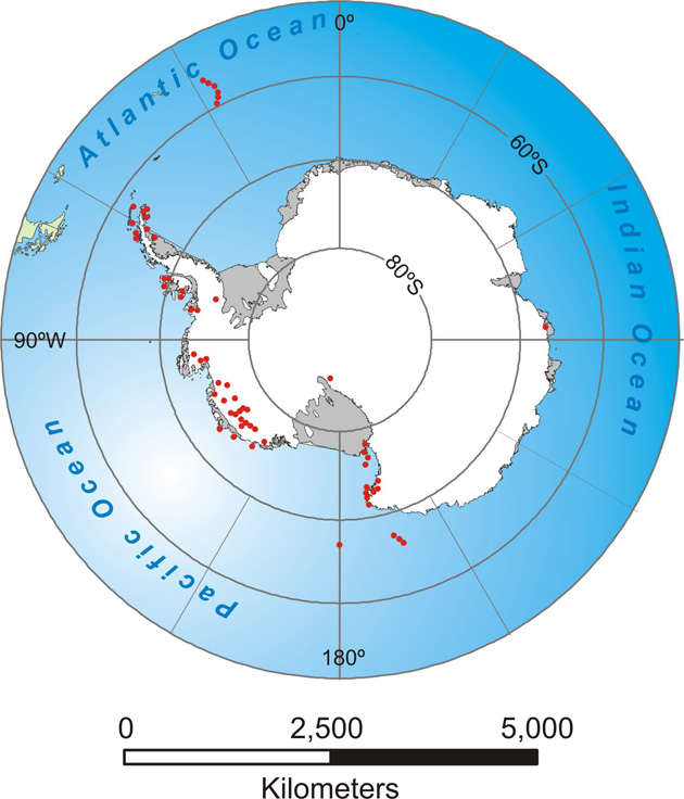 Map of Antarctica showing the distribution of volcanoes aged between c. 11 Ma and present. Only a small number are active.