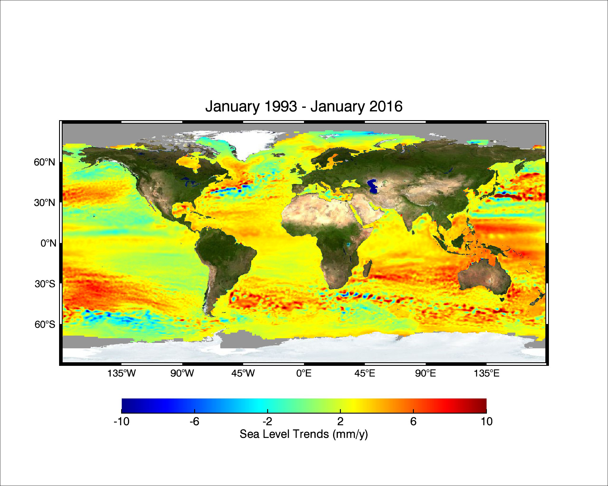 23-year trend of rising seas across the globe from 1993 to 2016