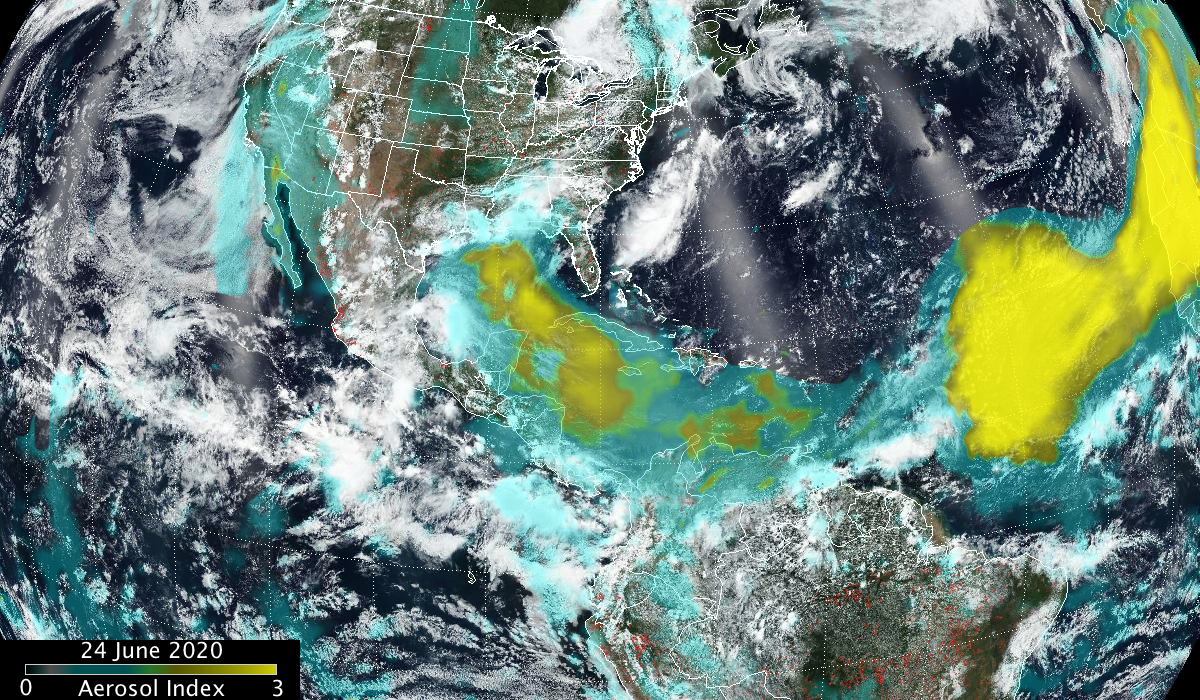 aerosol data image overlaid on visible Earth image