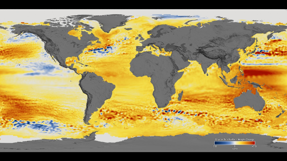 Total sea level change between 1992 and 2014, based on data collected from the U.S./European Topex/Poseidon, Jason-1, and Jason-2 satellites.