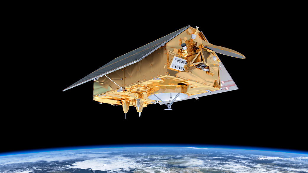 This illustration shows the Sentinel-6 Michael Freilich spacecraft in orbit above Earth with its deployable solar panels extended. The GNSS-RO instrument is located at the front and back of the spacecraft.