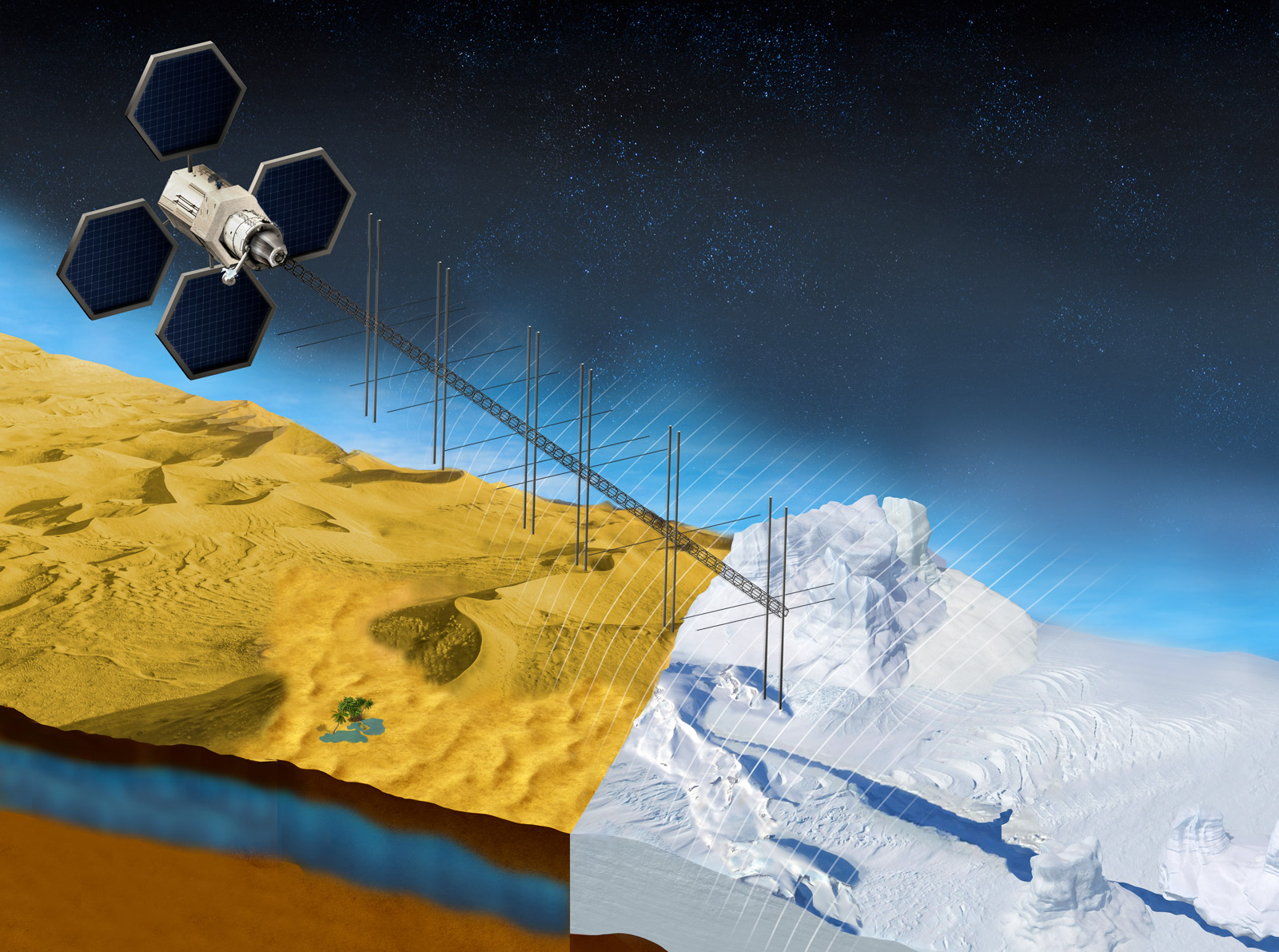 This illustration shows what a satellite with a proposed radar instrument for the mission could look like.