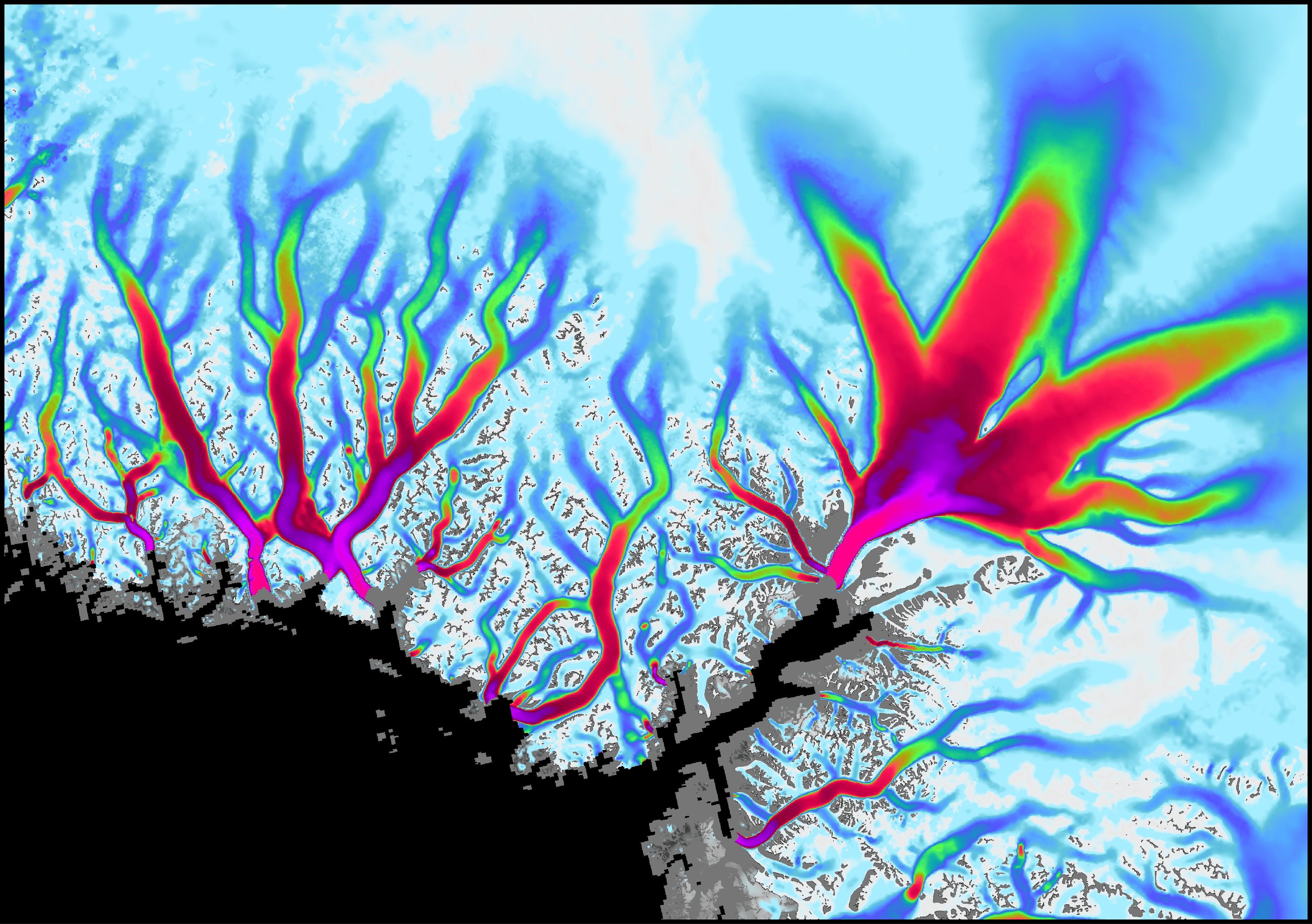 This data visualization shows the flow velocity of glaciers along Greenland's coast.