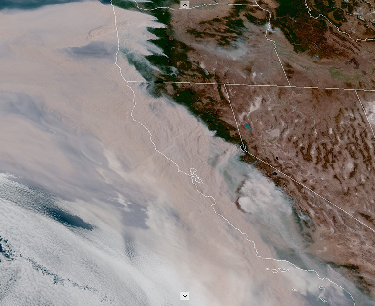 Smoke from numerous wildfires obscures much of California and Oregon.