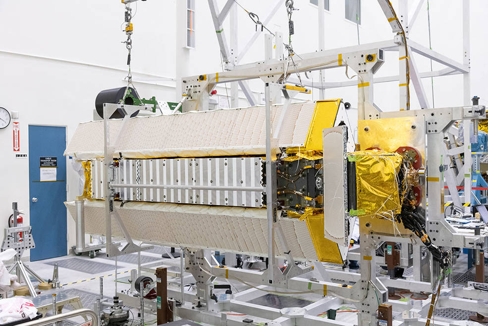Part of the Surface Water and Ocean Topography (SWOT) satellite's science instrument payload sits in a clean room at NASA's Jet Propulsion Laboratory during assembly. Credits: NASA/JPL-Caltech