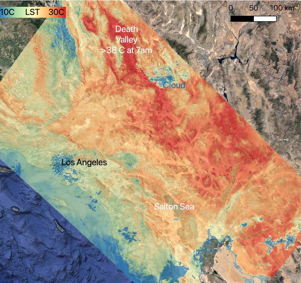 On July 8, 2021, NASA's ECOSTRESS instrument, aboard the space station captured ground surface temperature data over California. Areas in red – including Death Valley – had surpassed 86 degrees Fahrenheit by 7 a.m. local time, well above average ground surface temperatures for the area. Credit: NASA/JPL-Caltech