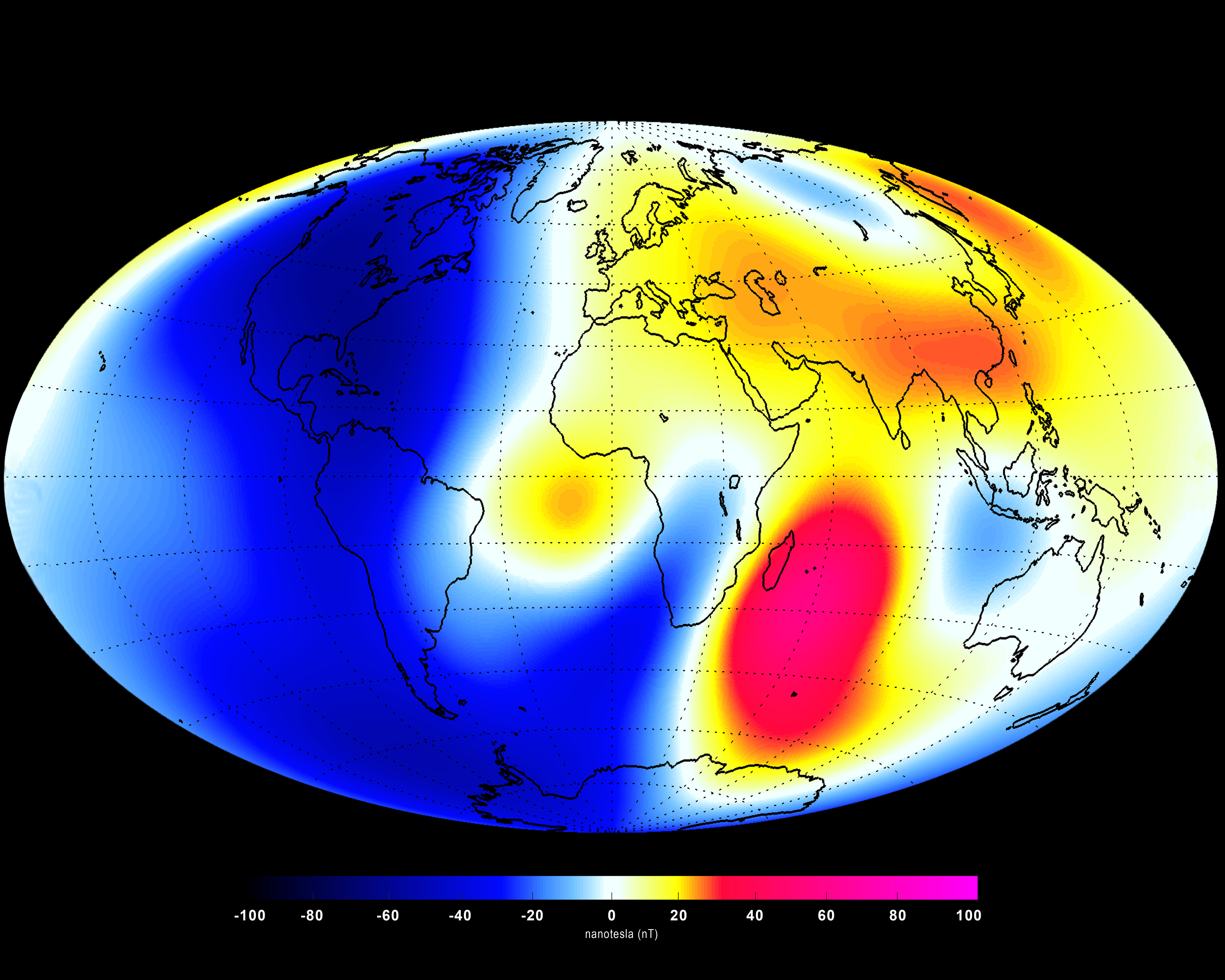 Image showing changes in Earth's magnetic field between January 1 and June 20, 2014