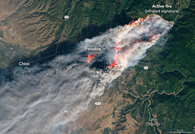 satellite view of an active fire near Paradise, California