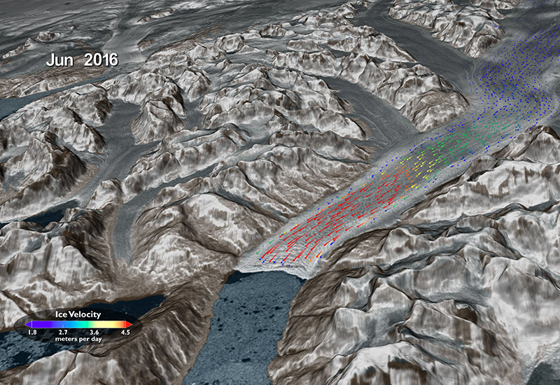 satellite view showing a Greenland glacier's movement