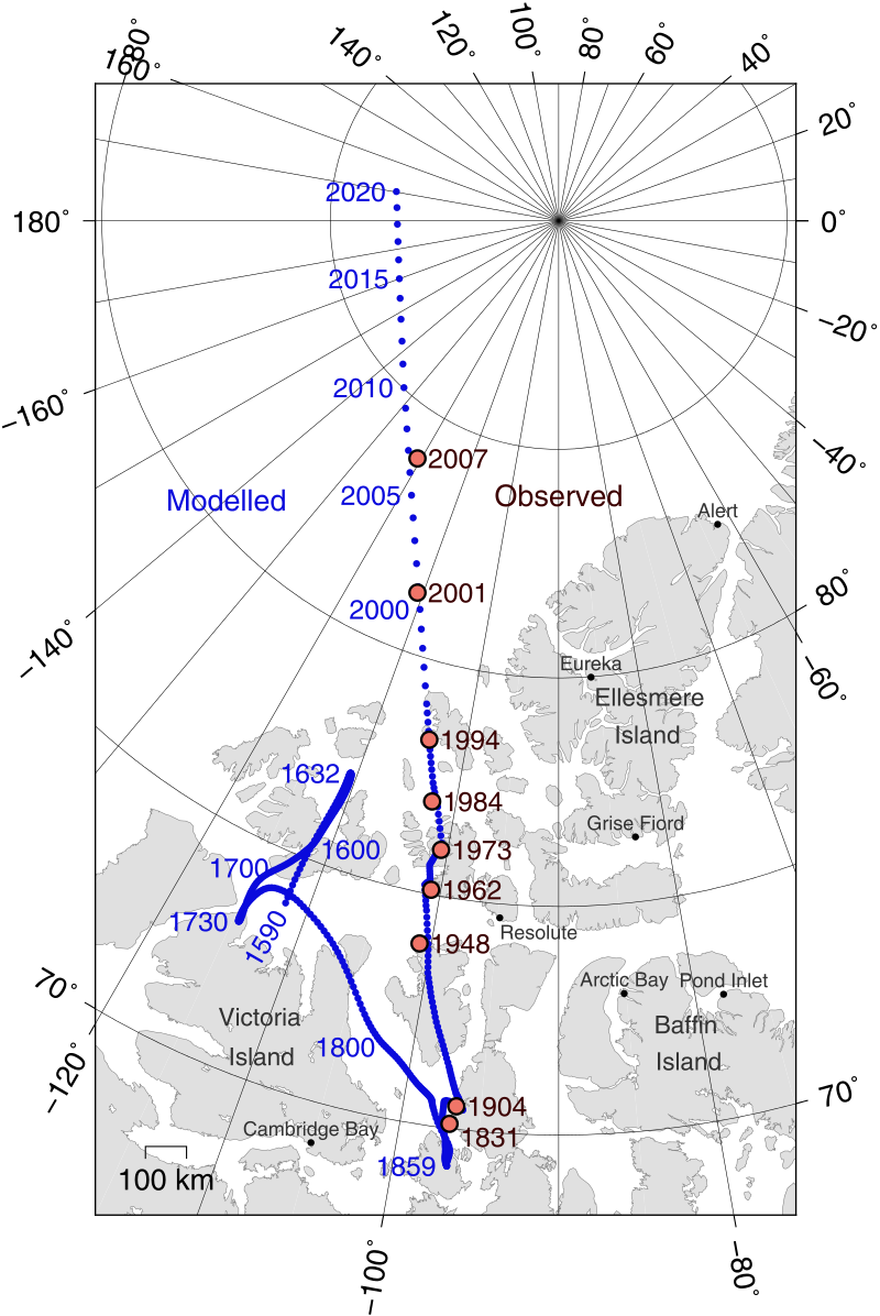 Positionen des magnetischen Nordpols der Erde