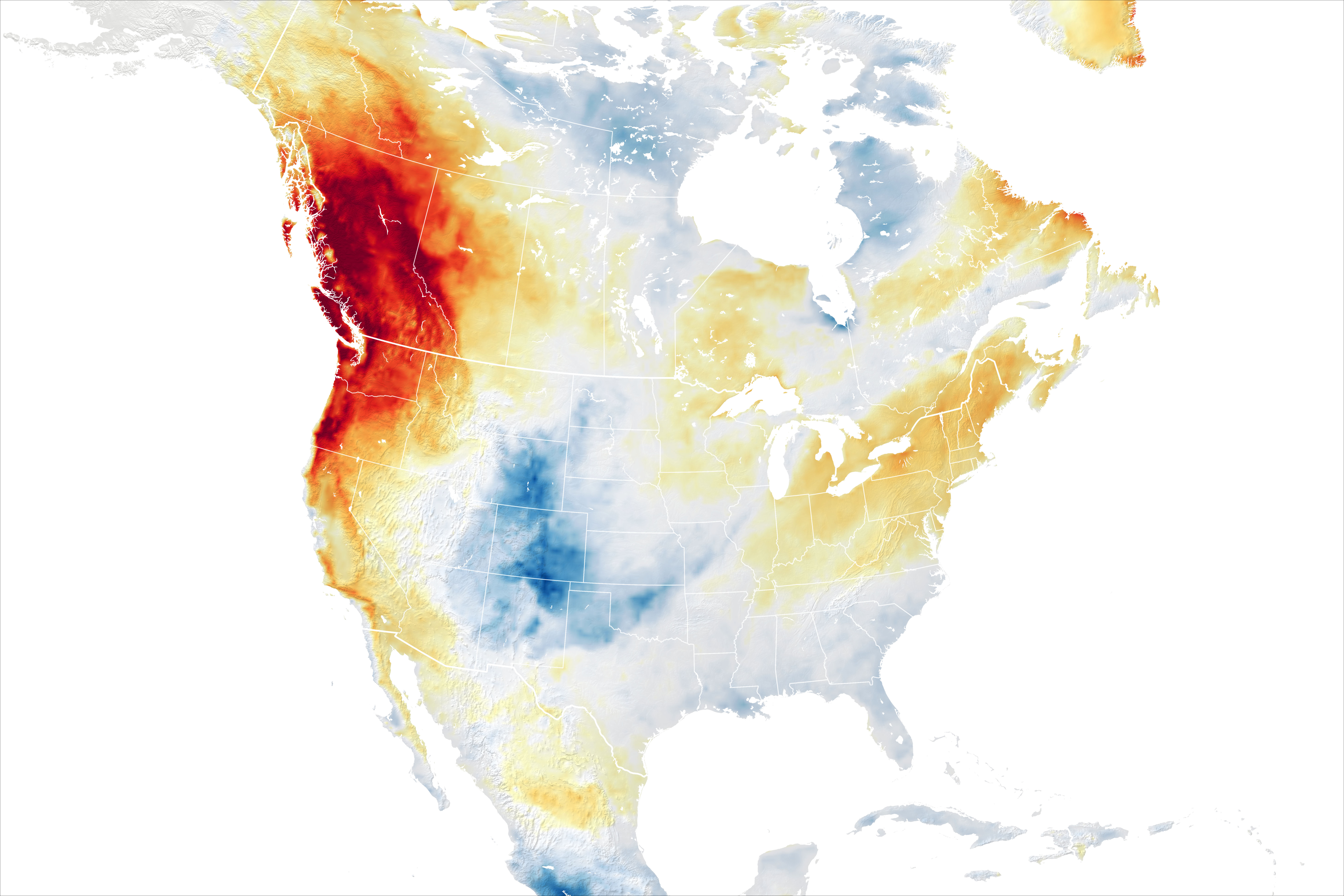 Map of air temperature anomalies across the continental United States and Canada on June 27, 2021, when the heat intensified and records started to fall in the Pacific Northwest.