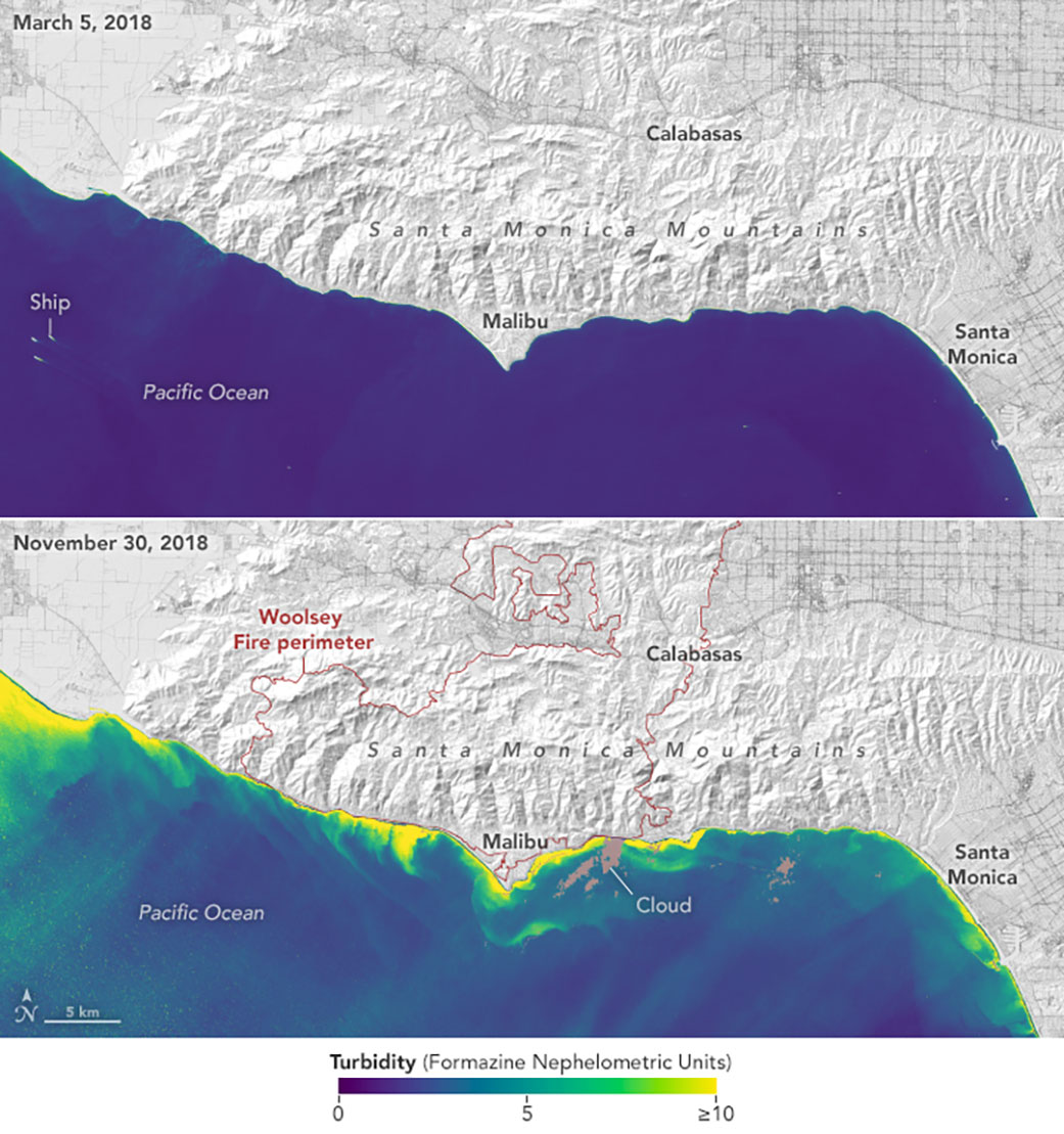 A data image showing a major increase in turbidity, or cloudiness from sediment, in coastal waters off Southern California